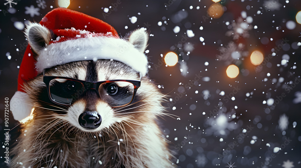 Offers a themed background for your creative project for the New Year. Portrait of a raccoon wearing a Santa hat and glasses celebrating Christmas with holiday lights and snowflakes in the backgroun Offers a themed background for your creative project for the New Year. Portrait of a raccoon wearing a Santa hat and glasses celebrating Christmas with holiday lights and snowflakes in the backgroun