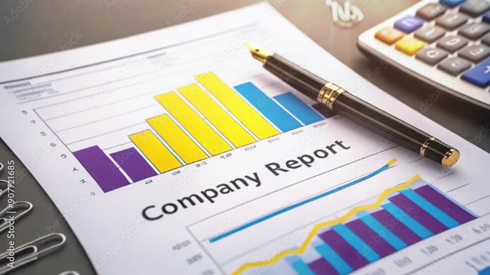 Detailed Company Analysis: Close-Up of a Business Desk with a Colorful Company Report, Elegant Fountain Pen, and Calculator Detailed Company Analysis: Close-Up of a Business Desk with a Colorful Company Report, Elegant Fountain Pen, and Calculator