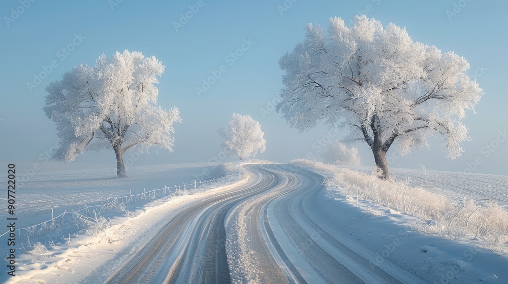 Beautiful White Rime Along Country Road with Ethereal Dreamlike Daytime Scene Beautiful White Rime Along Country Road with Ethereal Dreamlike Daytime Scene