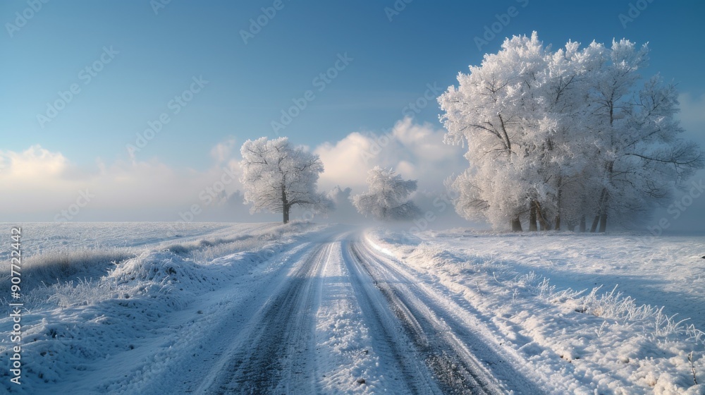 Beautiful White Rime Along Country Road with Ethereal Dreamlike Daytime Scene Beautiful White Rime Along Country Road with Ethereal Dreamlike Daytime Scene