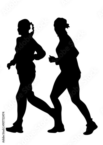 Young athletes run a marathon. Isolated silhouettes on white background