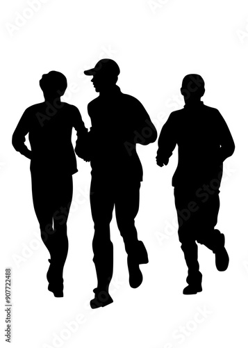 Young athletes run a marathon. Isolated silhouettes on white background