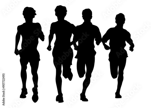 Young athletes run a marathon. Isolated silhouettes on white background
