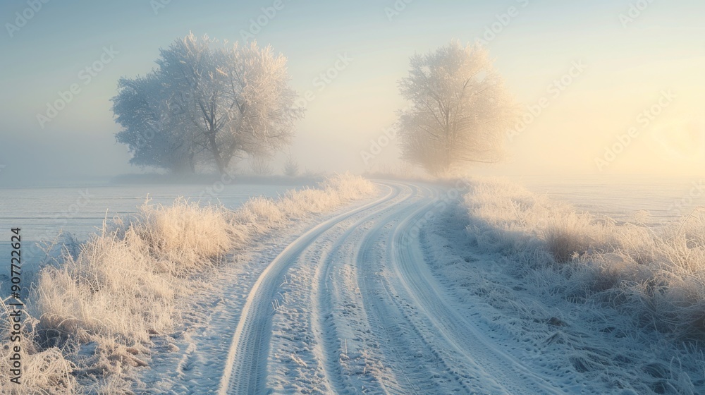 Beautiful White Rime Along Country Road with Ethereal Dreamlike Daytime Scene Beautiful White Rime Along Country Road with Ethereal Dreamlike Daytime Scene