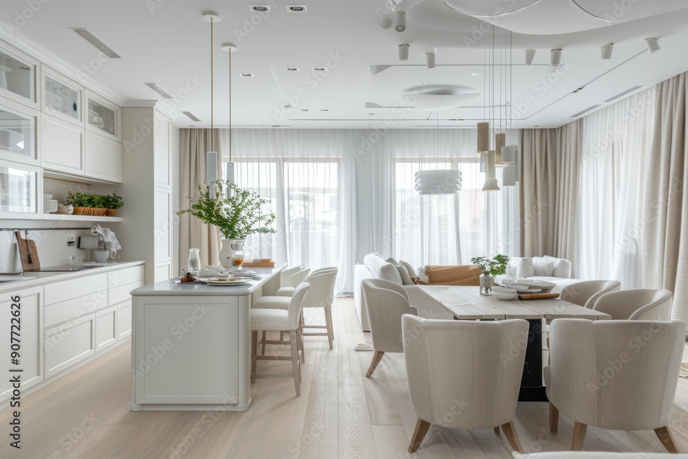 Stylish kitchen, dining room with white cabinetry, light wood floors, large windows Stylish kitchen, dining room with white cabinetry, light wood floors, large windows