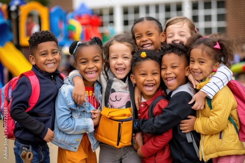 A group of children are smiling and hugging each other