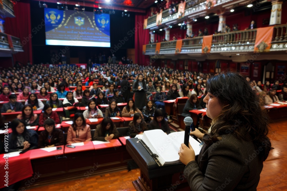 Obraz premium A woman stands at a podium in front of a large audience