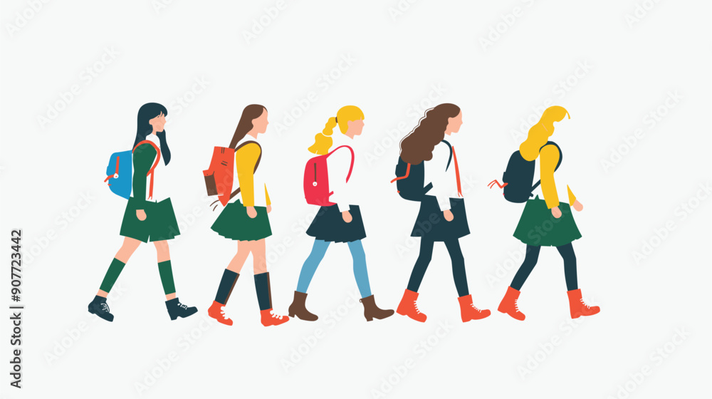 Five female students walking side profile, dressed school uniforms colorful backpacks. Young women green skirts, uniformed group, casual footwear, educational setting, diverse hairstyles Five female students walking side profile, dressed school uniforms colorful backpacks. Young women green skirts, uniformed group, casual footwear, educational setting, diverse hairstyles