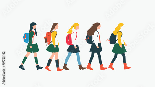 Five female students walking side profile, dressed school uniforms colorful backpacks. Young women green skirts, uniformed group, casual footwear, educational setting, diverse hairstyles