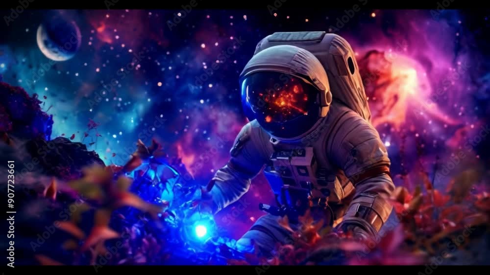Astronaut exploring alien flora under a vibrant cosmic sky. Concept of interplanetary exploration and discovery of extraterrestrial life Astronaut exploring alien flora under a vibrant cosmic sky. Concept of interplanetary exploration and discovery of extraterrestrial life