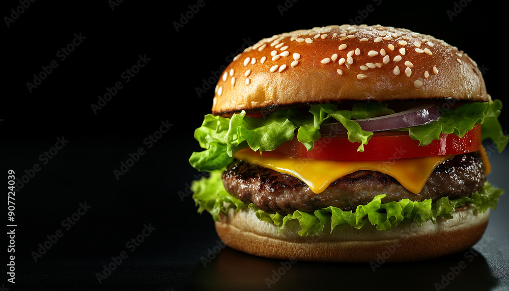 Close-up of delicious fresh made burger with lettuce, cheese, onion, and tomato. Close-up of delicious fresh made burger with lettuce, cheese, onion, and tomato.