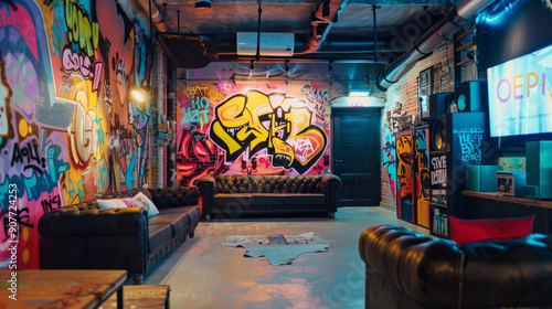 Graffiti wall: One of the walls is decorated in a street style with bright graffiti, adding energy and youthfulness to the space.