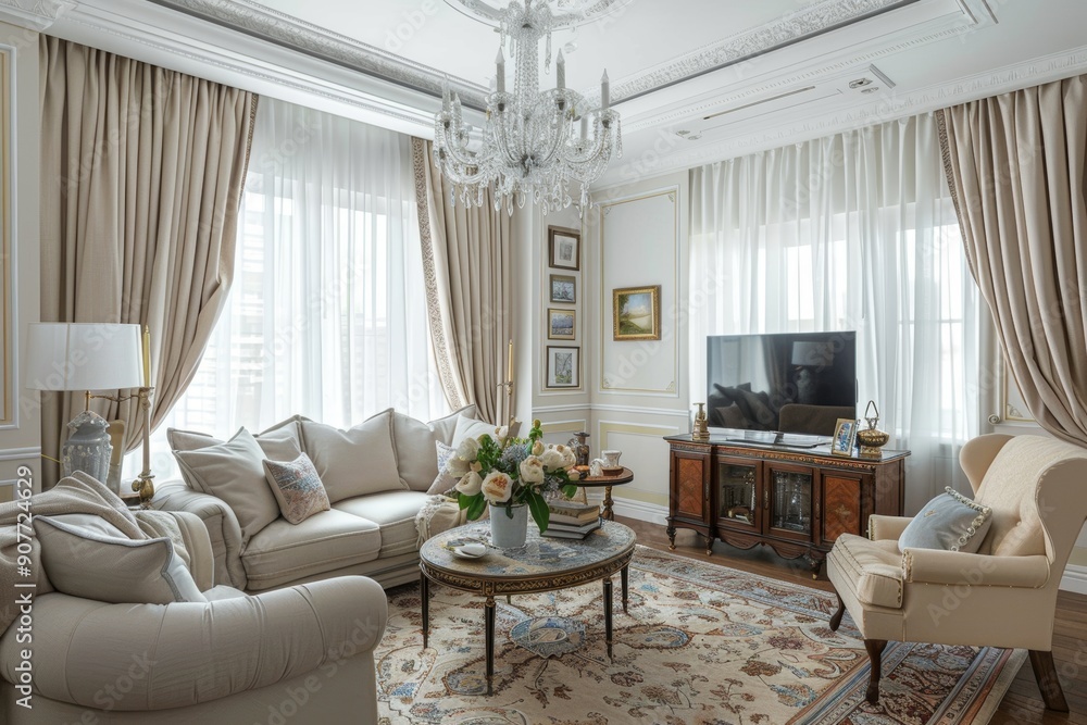 A bright and stylish living room featuring a large beige sofa and a chandelier A bright and stylish living room featuring a large beige sofa and a chandelier