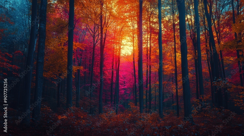 Fototapeta premium A panoramic view of a forest with detailed tree textures and vibrant colors