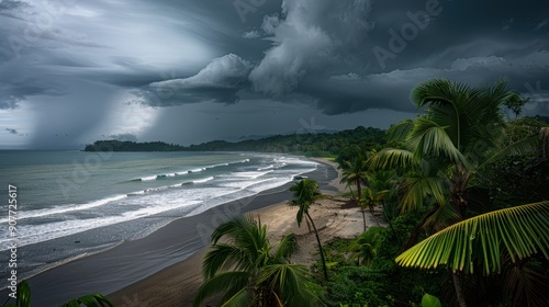 Fototapeta Naklejka Na Ścianę i Meble -  Storm clouds gathering over a tropical beach with black sand, palm trees, and blue water with waves rolling in