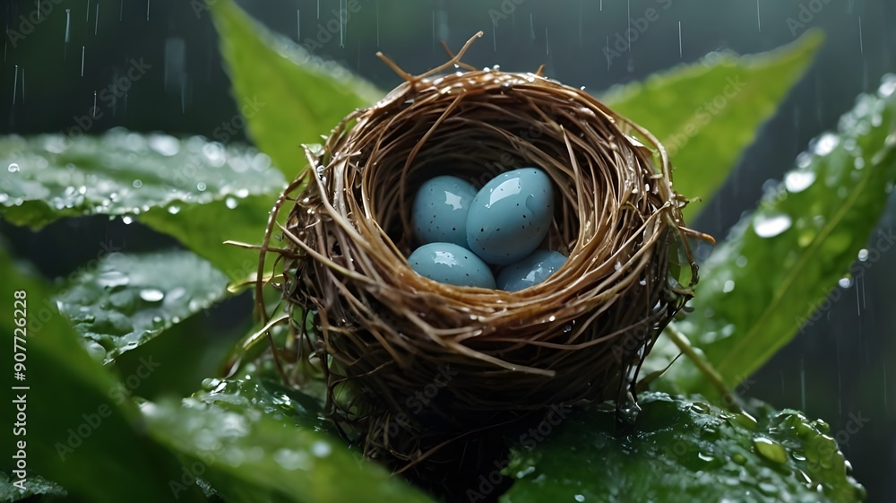 The eggs in the nest are wet by rain The eggs in the nest are wet by rain