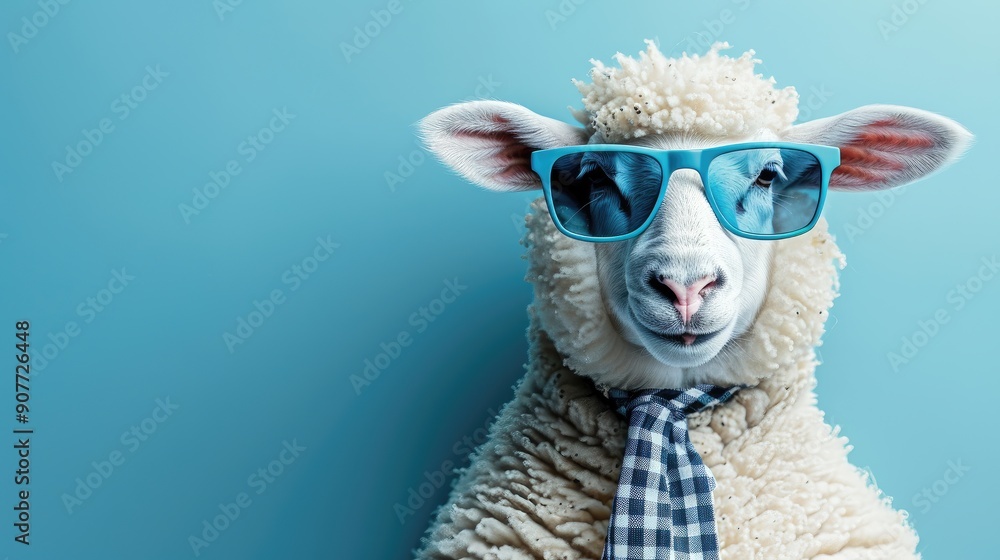 A sheep wearing sunglasses and a tie is standing in front of a blue background A sheep wearing sunglasses and a tie is standing in front of a blue background