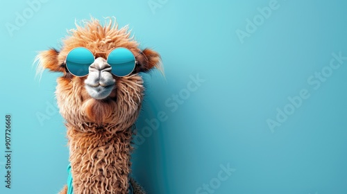 A camel wearing sunglasses and standing in front of a blue wall
