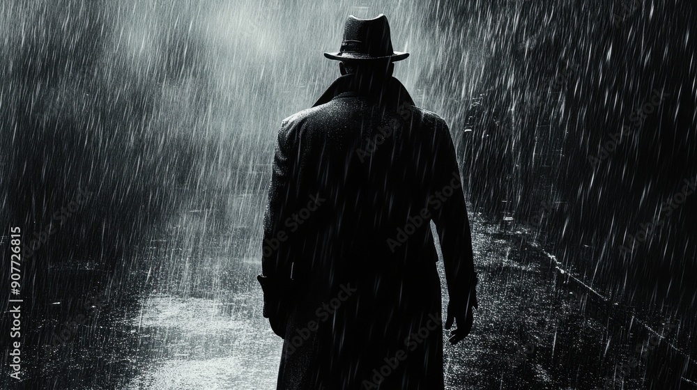 Silhouette of a noir-style detective in a coat and hat, standing in the rain on a dark street Silhouette of a noir-style detective in a coat and hat, standing in the rain on a dark street