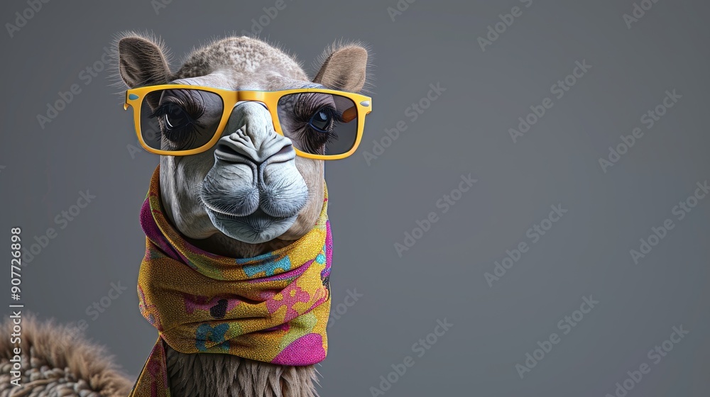A camel wearing sunglasses and a colorful scarf A camel wearing sunglasses and a colorful scarf