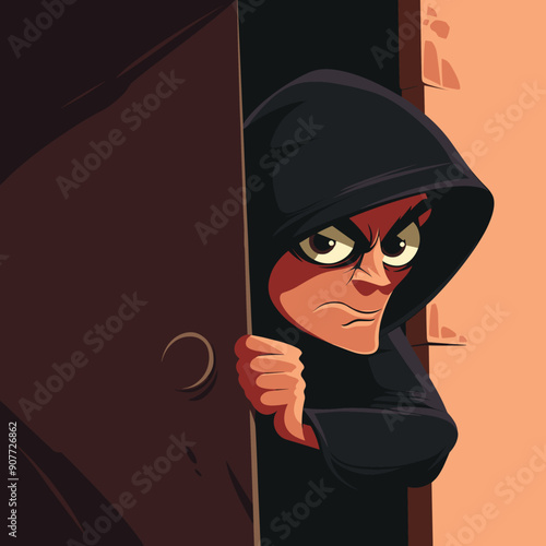 Suspicious character peeking around corner, cartoon thief hiding, stealthy criminal spying shadow. Male burglar hoodie, mischievous spy character, sneaky person lurking, animated style. Secret agent