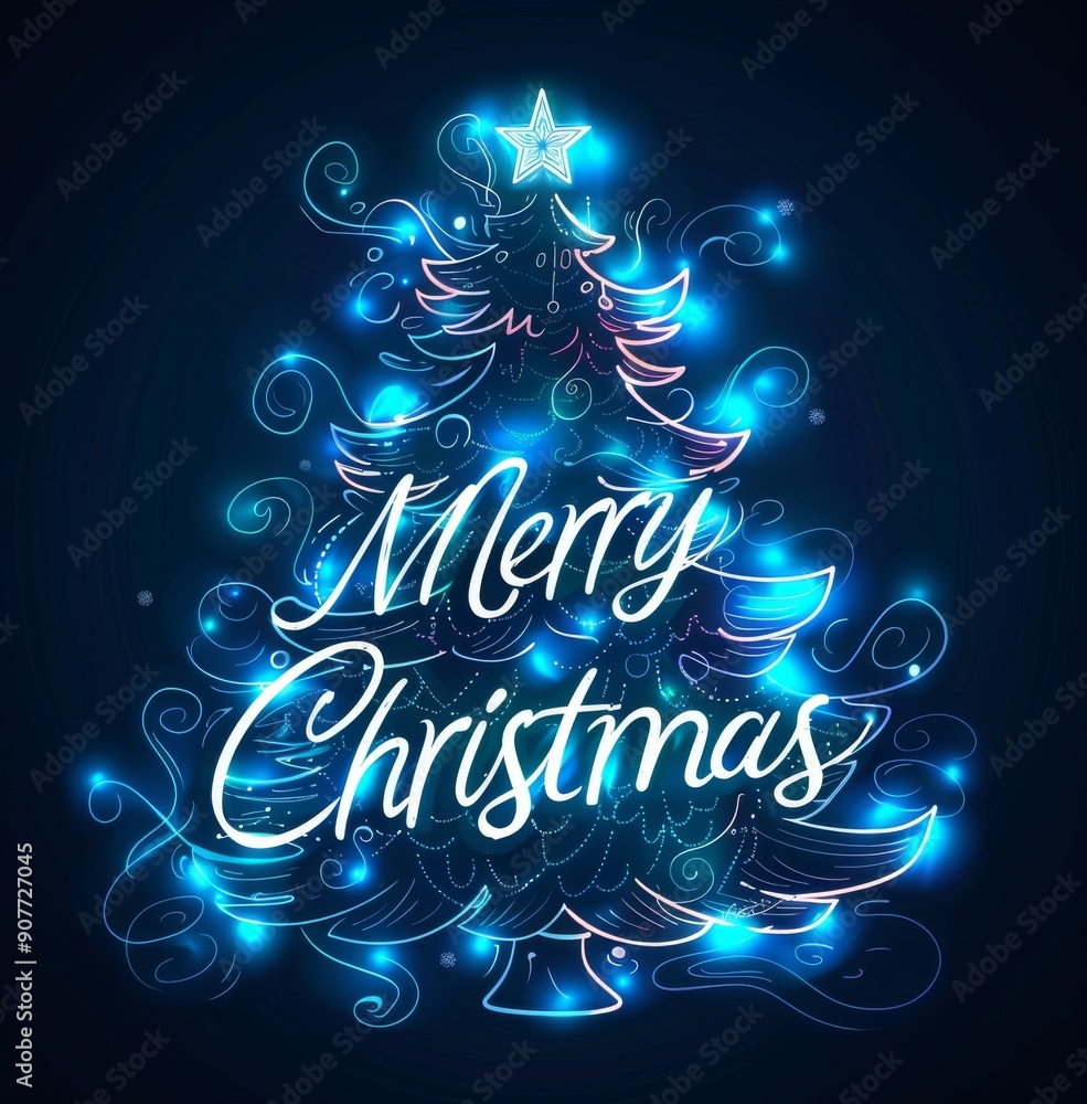 Glowing Christmas tree with 'Merry Christmas' text on dark background Glowing Christmas tree with 'Merry Christmas' text on dark background