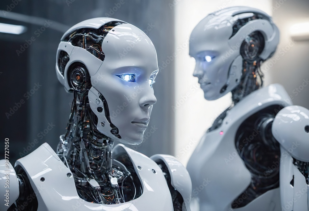Artificial intelligence in the form of a robot interacts with humans, Generative AI Artificial intelligence in the form of a robot interacts with humans, Generative AI