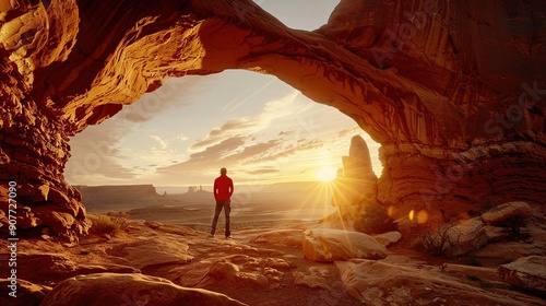 Man standing in the middle of a desert near a rock arch with the sun shining through the arch in the distance, with a mountain in the background