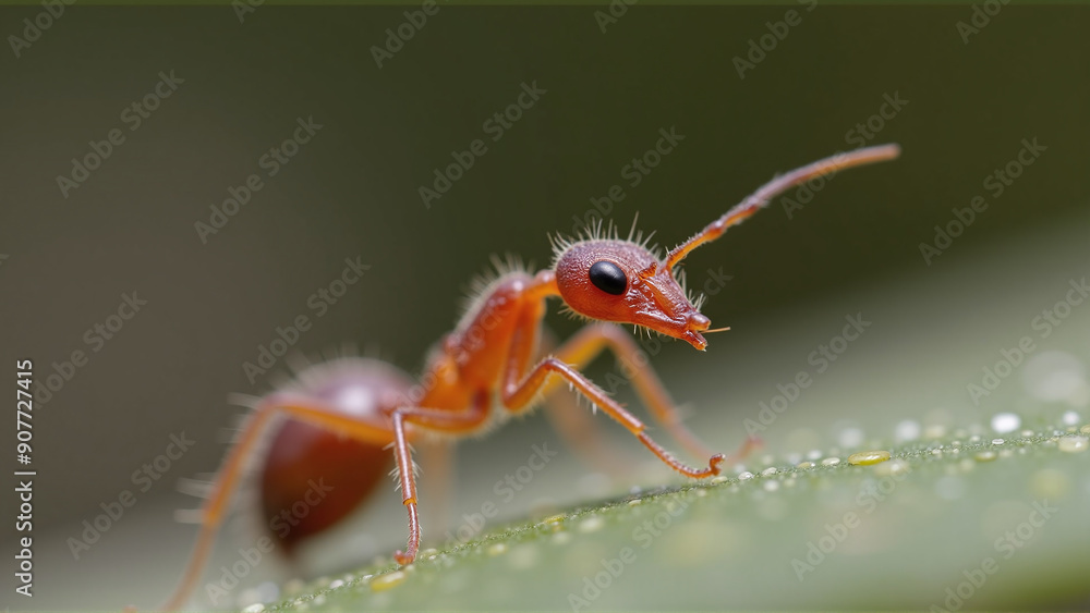 Naklejka premium Macro Marvel: Close-Up of an Ant on a Dewy Leaf