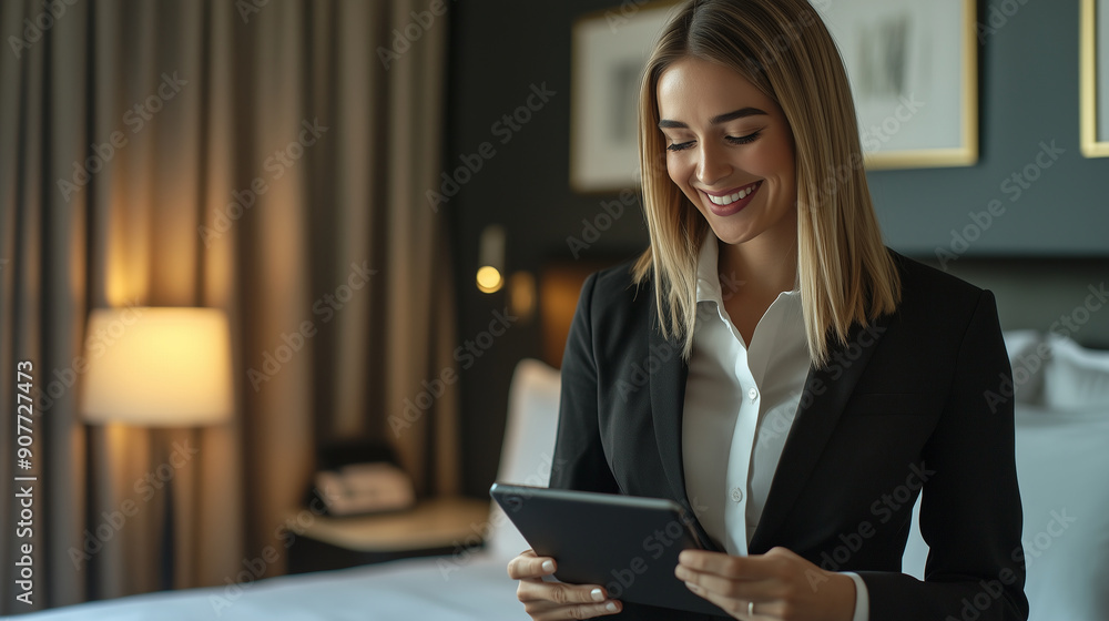 A smiling woman in business attire, standing next to the bed of an elegant hotel room while using her tablet for digital check-in service. The hotel manager checks the quality of cleaning in a luxury A smiling woman in business attire, standing next to the bed of an elegant hotel room while using her tablet for digital check-in service. The hotel manager checks the quality of cleaning in a luxury