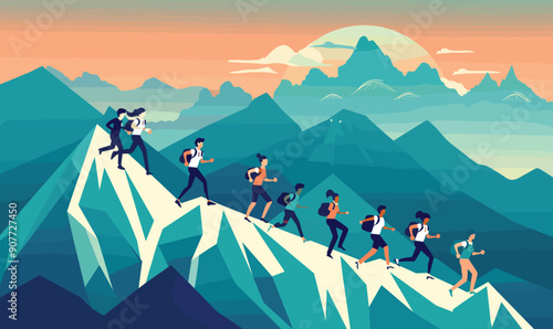 Men women running up down stylized mountain peak trail, characters display determination teamwork business race corporate challenge. Bright colors mountainous backdrop suggest metaphor overcoming