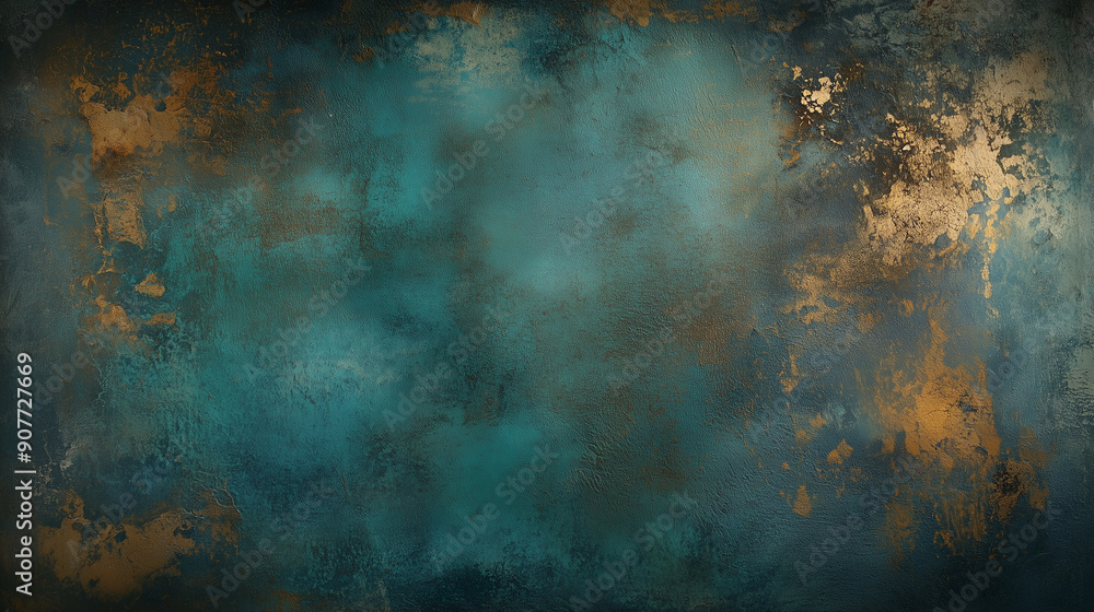 © Olha Havelia - Dark grunge background with teal and brown tones, textured wall for design or digital art .Wall surface with luxury Venetian putty in blue and gold color