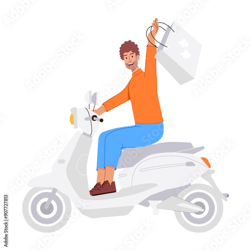 Happy buyer riding on scooter, flat illustration 

