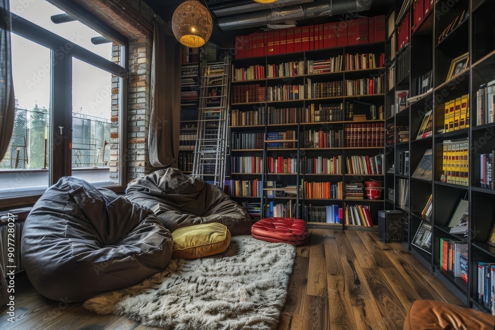 A trendy loft library with bean bags and bookshelves A trendy loft library with bean bags and bookshelves