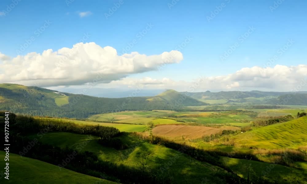 A vast landscape of green hills and meadows under a bright blue sky that is dotted with fluffy white clouds.
A vast landscape of green hills and meadows under a bright blue sky that is dotted with fluffy white clouds.