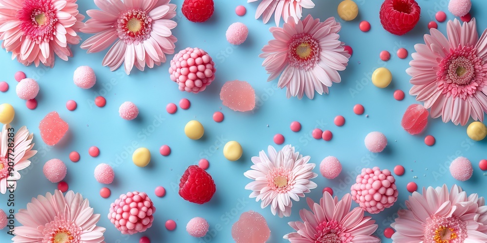 Flat-lay pattern of flowers and berries on a light blue background. Flat-lay pattern of flowers and berries on a light blue background.