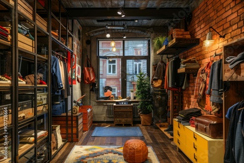 A modern, loft-style house interior with exposed brick, large window, and open shelves