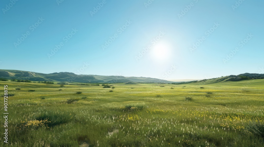 Fototapeta premium A large, open field with a bright sun shining down on it