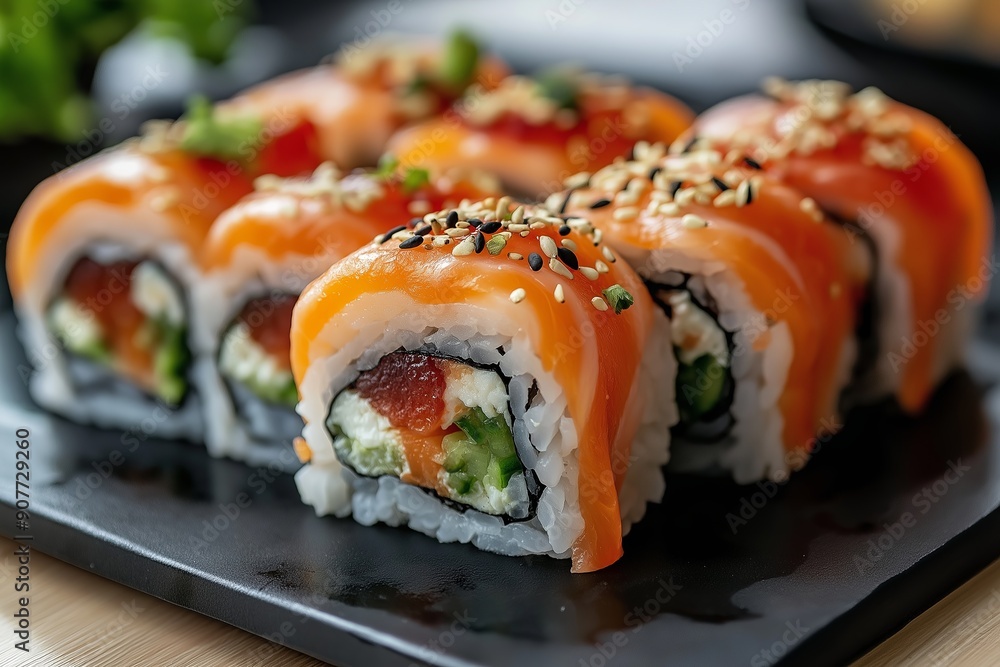 appetizing sushi set, on a black plate appetizing sushi set, on a black plate