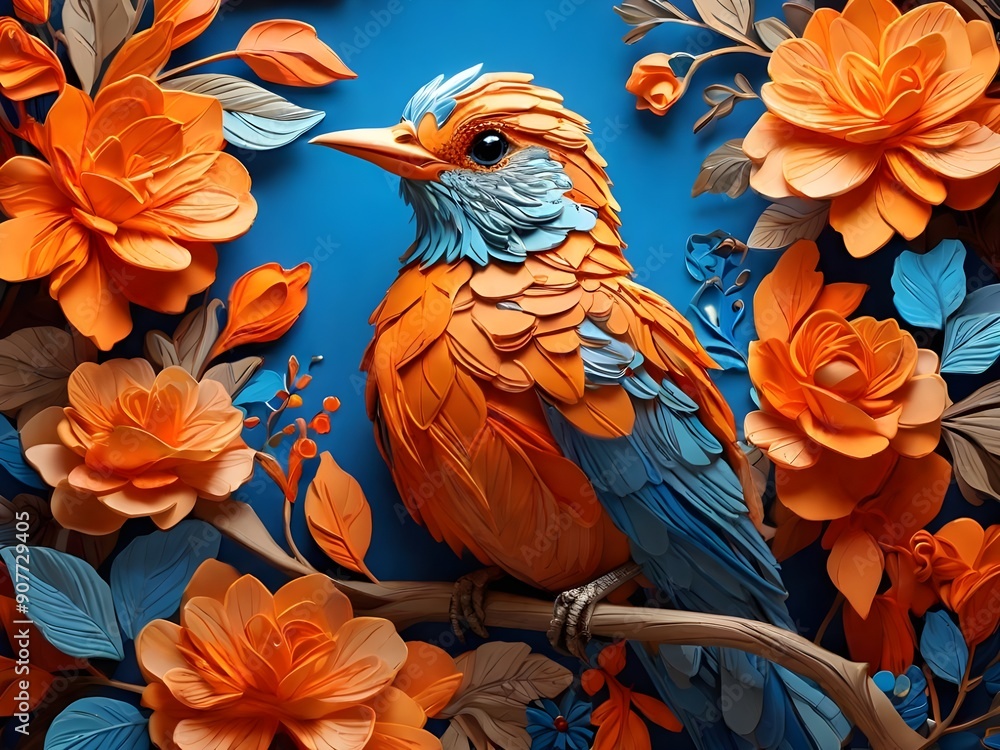 Fototapeta premium Vibrant and colorful digital illustration featuring a bird perched on a branch amidst a backdrop of lush, orange flowers. The bird has striking blue and orange plumage Generative AI