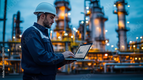 A photo of an engineer in a hard hat using a laptop while standing near a large industrial plant with pipes and boiling equipment, focused on work during his shift at an oil or gas photo