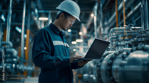 A photo of an engineer in a hard hat using a laptop while standing near a large industrial plant with pipes and boiling equipment, focused on work during his shift at an oil or gas