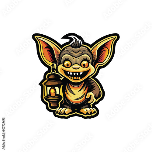 A vector graphic of a mischievous creature with large ears, holding a lantern.