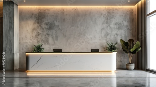 A large white desk with two chairs and a potted plant in front of it