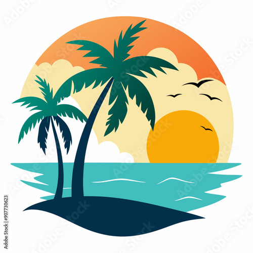 Sunset with Palm Tree on Sea Beach Vector T-Shirt Graphics, Logo Icon, Clipart, Graphic Element, Decoration Vector Resource