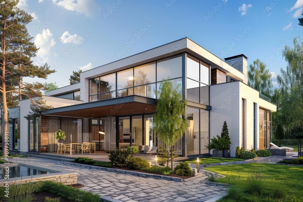 A modern, white house with large windows and a stone patio in the front yard A modern, white house with large windows and a stone patio in the front yard