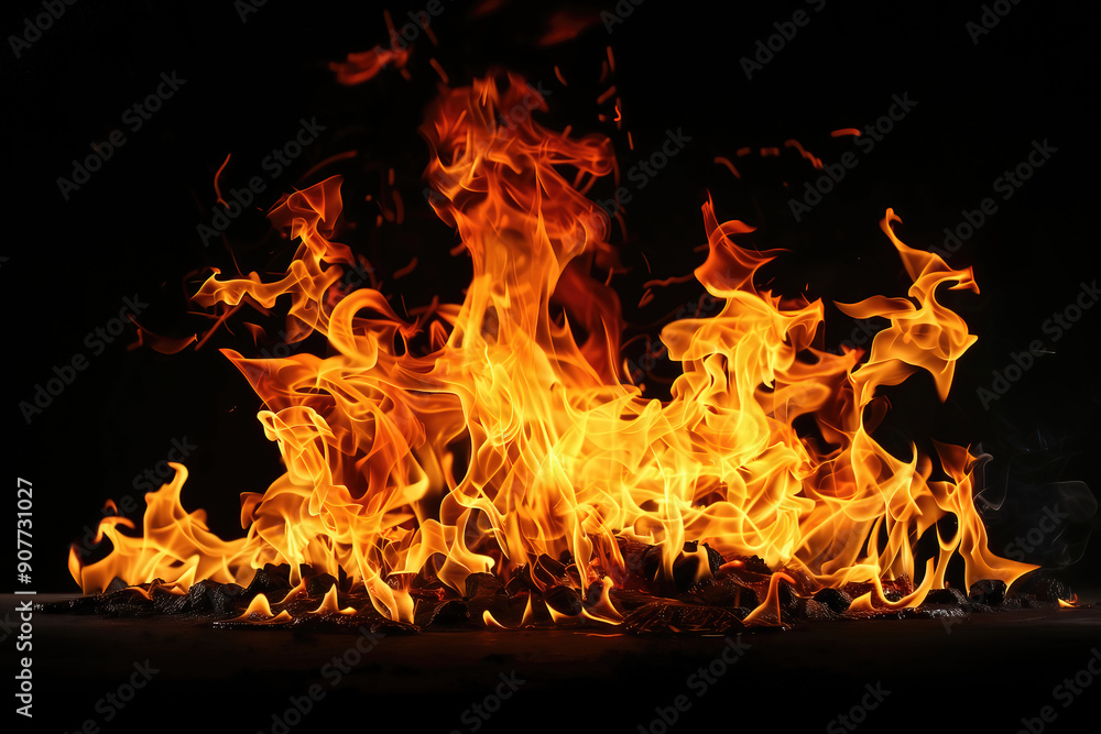 Fire flamesl with glowing flames isolated on black background. Fire flamesl with glowing flames isolated on black background.
