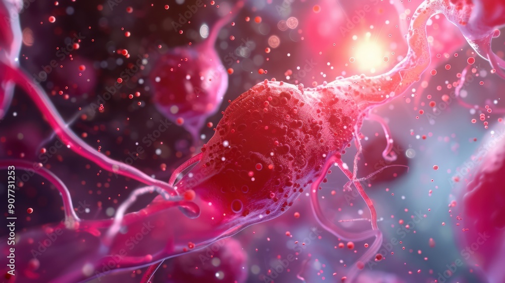 A close up of a red cell with a pinkish purple background A close up of a red cell with a pinkish purple background