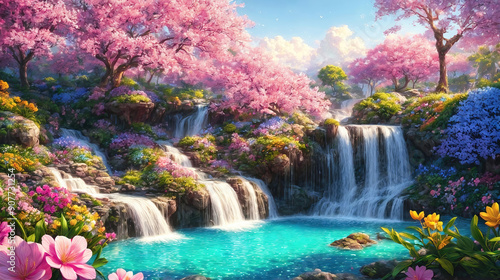 A beautiful paradise land full of flowers,  sakura trees, rivers and waterfalls, a blooming and magical idyllic Eden garden