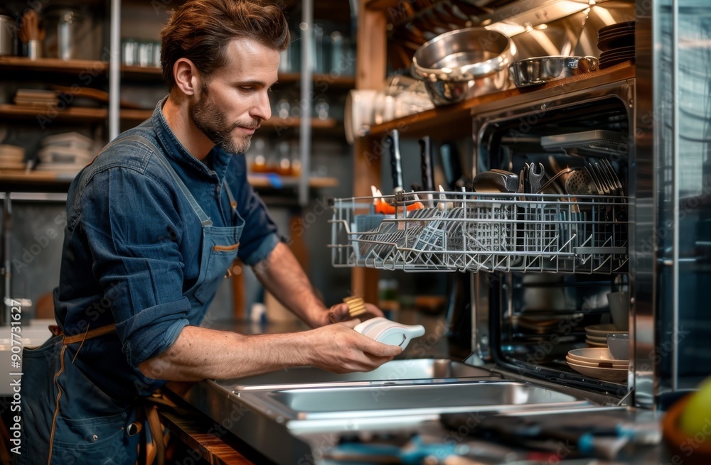 Man in blue overalls fixing dishwasher in modern home kitchen Man in blue overalls fixing dishwasher in modern home kitchen